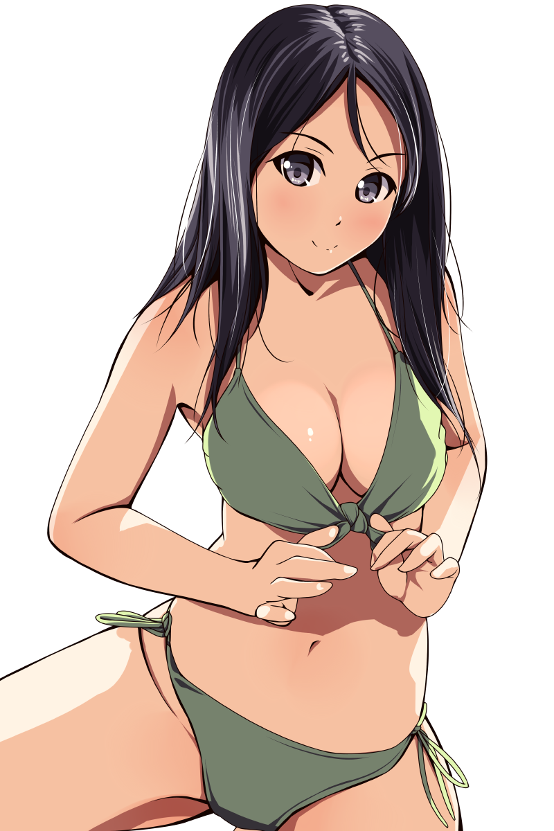 1girl bare_arms bare_shoulders bikini bikini_pull black_hair blue_eyes breasts cleavage closed_mouth collarbone contrapposto cowboy_shot front-tie_bikini front-tie_top green_bikini green_ribbon highres large_breasts looking_at_viewer matsunaga_kouyou multicolored_hair navel original pulled_by_self ribbon side-tie_bikini smile solo spread_legs stomach swimsuit white_hair
