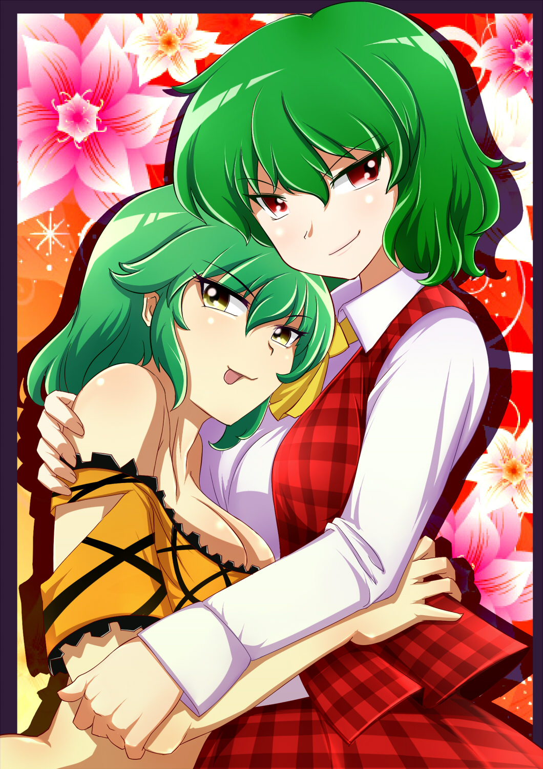 &gt;:) :p ascot bare_shoulders breasts cleavage color_connection crop_top floral_background green_hair hair_color_connection highres hikage_(senran_kagura) hug kazami_yuuka long_sleeves looking_at_viewer makumaxu medium_breasts off-shoulder_shirt open_clothes open_vest plaid plaid_skirt plaid_vest red_eyes senran_kagura senran_kagura_(series) shirt short_hair short_sleeves skirt tongue tongue_out torn_clothes torn_shirt touhou trait_connection upper_body vest white_shirt yellow_eyes yellow_shirt