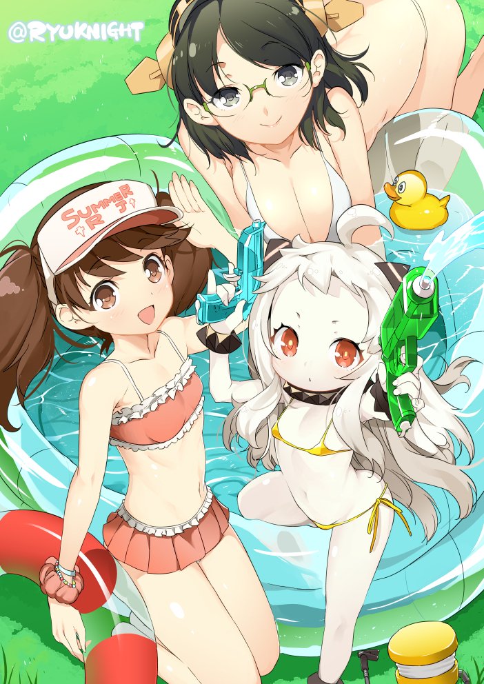 3girls ahoge alternate_costume arm_up bangs bare_arms bare_legs bare_shoulders barefoot bent_over bikini bird black_eyes black_hair blush breasts brown_eyes brown_hair cleavage closed_mouth collarbone dual_wielding eyebrows eyebrows_visible_through_hair flat_chest frilled_bikini frills from_above hat headgear holding kantai_collection kirishima_(kantai_collection) kneeling large_breasts lifebuoy long_hair looking_at_viewer micro_bikini microskirt multiple_girls naitou_ryuu nature navel northern_ocean_hime open_mouth outdoors pleated_skirt red_eyes red_skirt rubber_duck ryuujou_(kantai_collection) scrunchie short_eyebrows short_hair side-tie_bikini sidelocks skirt small_breasts smile standing standing_on_one_leg stomach swimsuit twintails twitter_username wading_pool water water_gun white_bikini white_hair white_skin wrist_scrunchie yellow_bikini