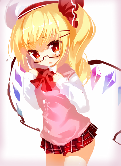 1girl alternate_costume bespectacled blonde_hair flandre_scarlet glasses gradient gradient_background hair_ribbon hands_on_own_chest hat heart heart-shaped_pupils looking_at_viewer microskirt no_lineart parted_lips plaid plaid_skirt red-framed_eyewear ribbon school_uniform semi-rimless_glasses short_hair side_ponytail simple_background skirt sleeves_past_wrists solo sweater_vest symbol-shaped_pupils taharu_kousuke touhou under-rim_glasses uniform_vest wings