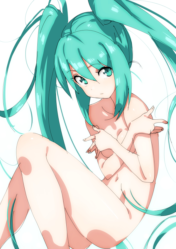 1girl :/ aqua_eyes aqua_hair breasts closed_mouth collarbone covering covering_breasts crossed_arms domo1220 hair_between_eyes hatsune_miku long_hair looking_at_viewer navel nude sketch small_breasts solo twintails very_long_hair vocaloid white_background