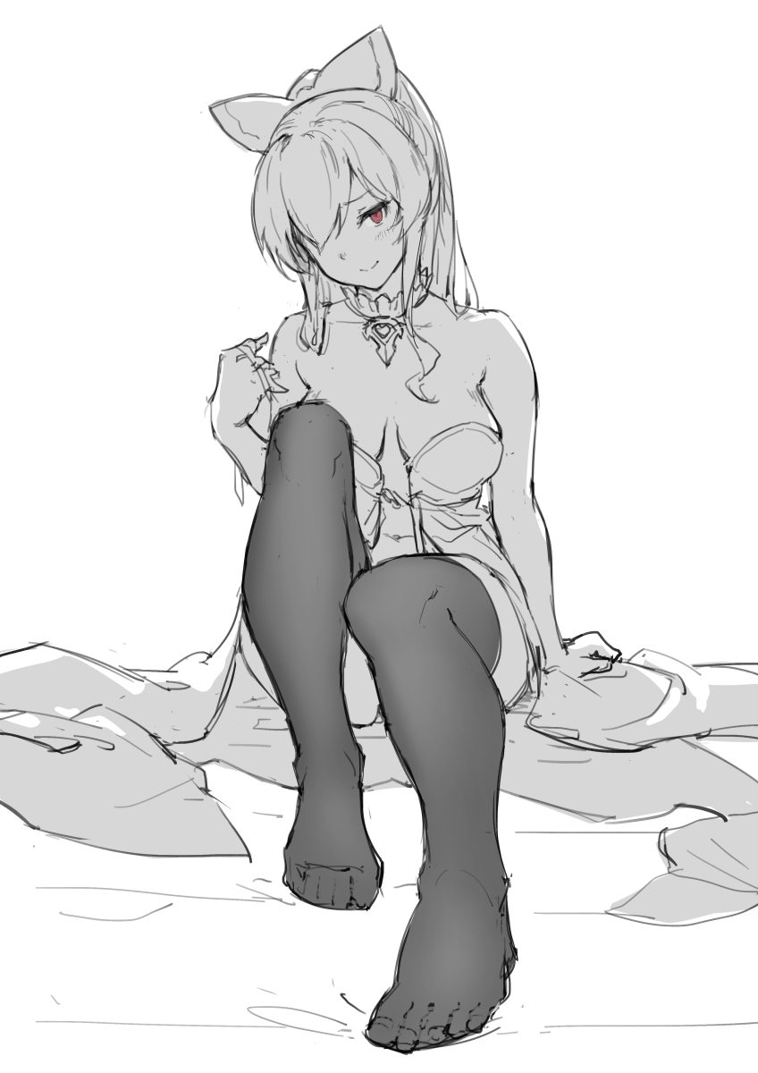 1girl bare_shoulders blush bow breasts feet female full_body gou_(ga673899) granblue_fantasy hair_bow hair_over_one_eye highres looking_at_viewer monochrome red_eyes sketch smile solo spot_color thigh-highs vira white_background