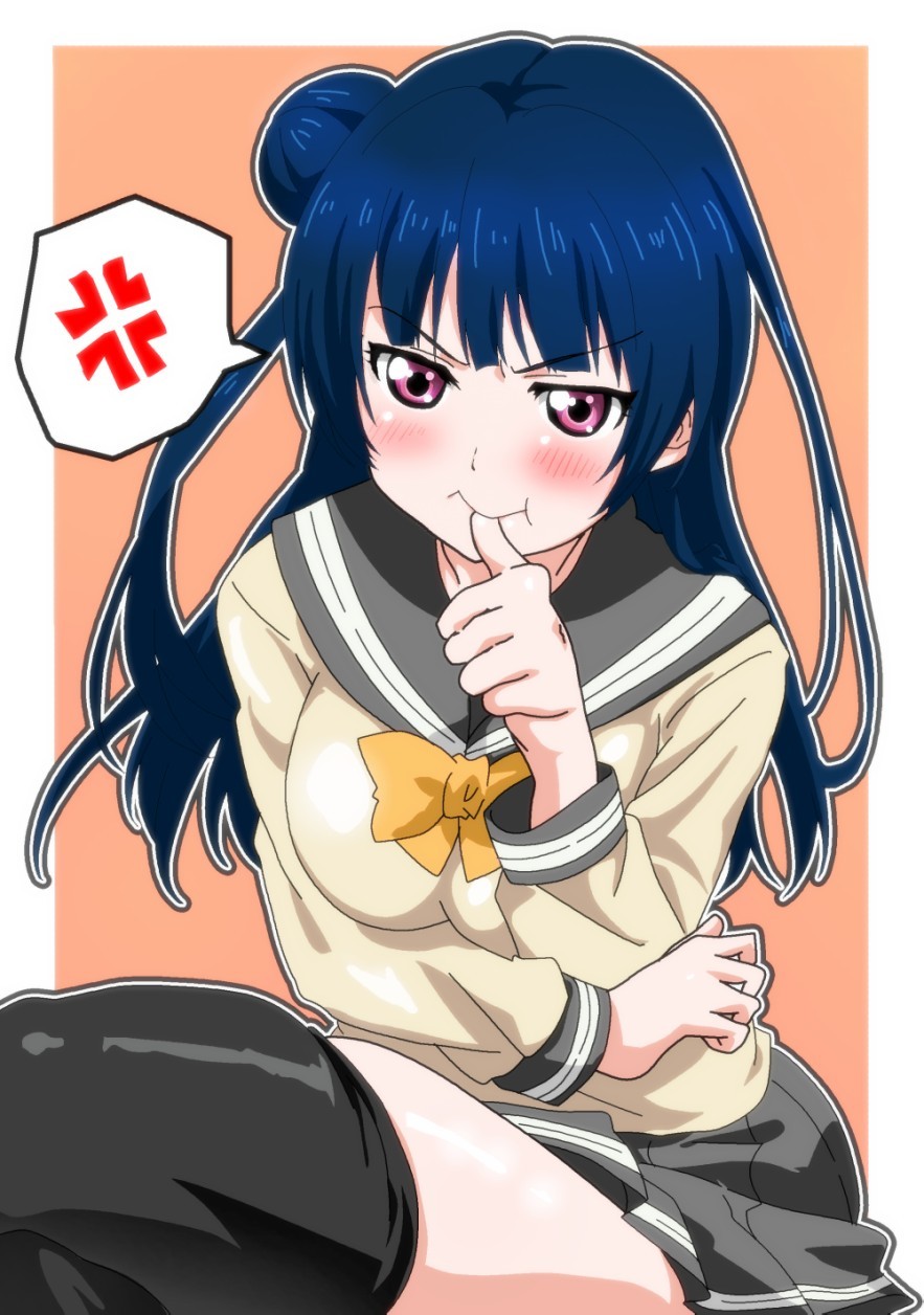 1girl anger_vein biting_finger blue_hair blush hair_bun highres long_hair looking_at_viewer love_live! love_live!_school_idol_project love_live!_sunshine!! momoiro_tanuki school_uniform serafuku solo spoken_anger_vein thigh-highs tsushima_yoshiko violet_eyes