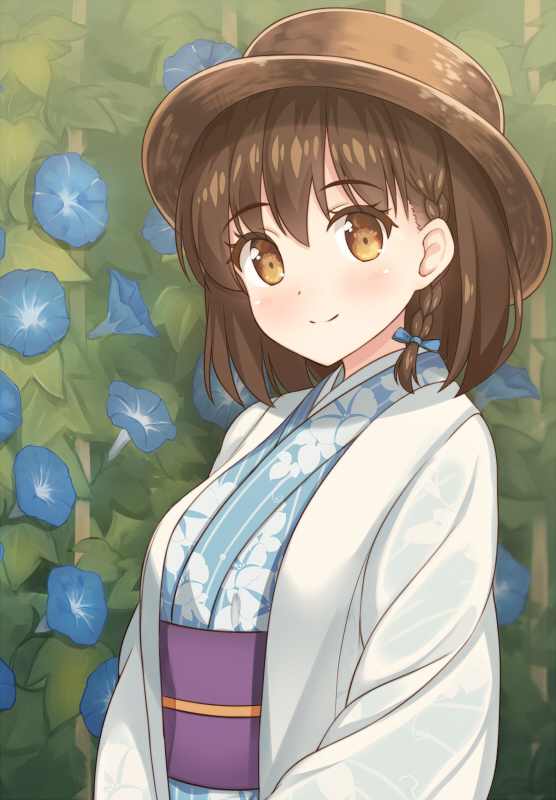 1girl blue_ribbon blush braid brown_hair closed_mouth flower hair_ribbon haori hat head_tilt japanese_clothes kimono looking_at_viewer morning_glory obi original ribbon sash shuuichi side_braid smile solo upper_body