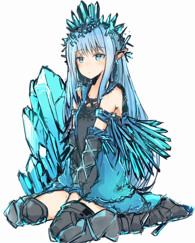1girl :/ armlet bangs bare_shoulders between_legs black_legwear blue_eyes blue_hair blush breasts cleavage closed_mouth crystal detached_sleeves dress erin_(granblue_fantasy) eyebrows eyebrows_visible_through_hair granblue_fantasy hair_ornament long_hair long_sleeves nagi_099 pointy_ears short_dress simple_background sitting sleeveless sleeveless_dress small_breasts solo thigh-highs wariza white_background zettai_ryouiki