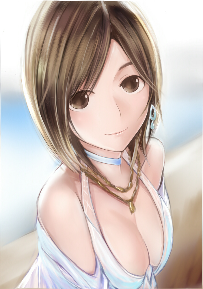 1girl bare_shoulders bikini bikini_top blurry_background breasts brown_eyes brown_hair choker cleavage close-up closed_mouth collarbone earrings glint head_tilt jewelry looking_at_viewer love_plus md5_mismatch medium_breasts nannacy7 necklace off_shoulder open_clothes open_shirt shirt short_hair smile solo swimsuit takane_manaka upper_body white_bikini white_bikini_top white_shirt