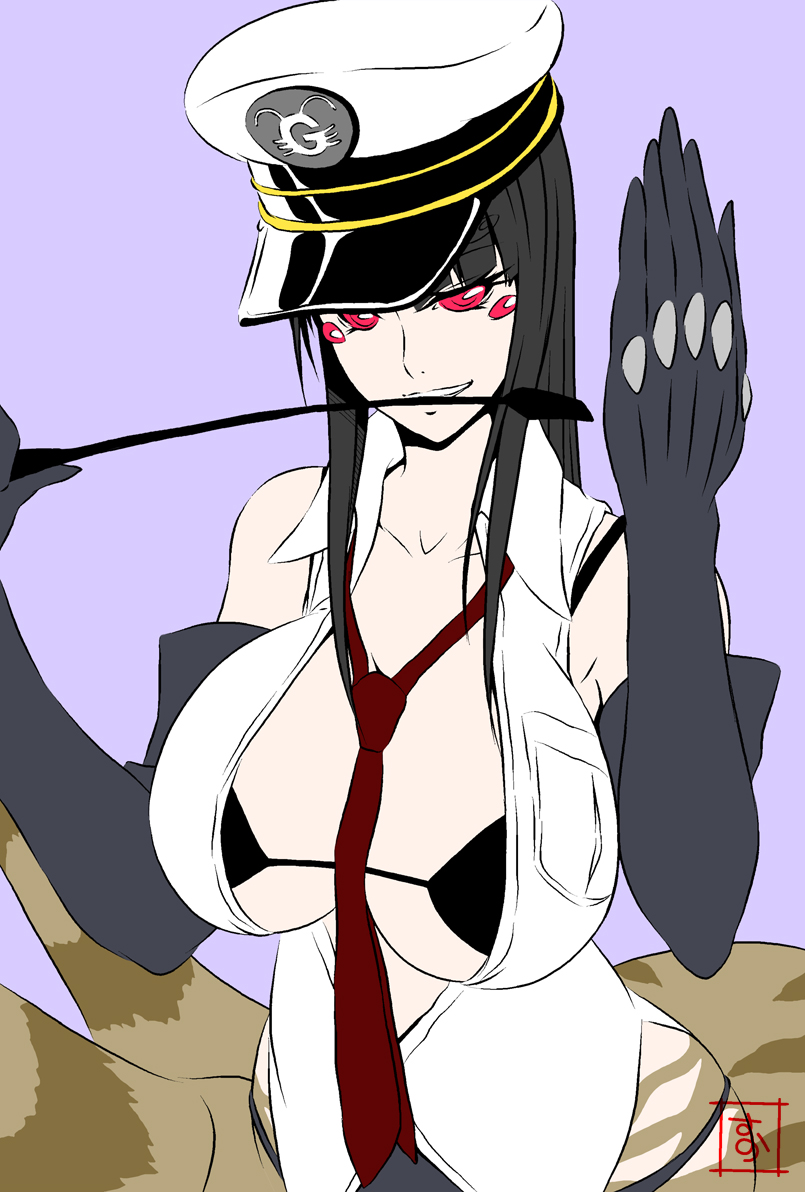 1girl alternate_hair_color arachne between_breasts black_hair breasts carapace cowboy_shot elbow_gloves extra_eyes gloves hat insect_girl large_breasts long_hair long_legs_breed_(monster_musume) monster_girl monster_musume_no_iru_nichijou multiple_legs necktie necktie_between_breasts open_clothes open_shirt peaked_cap purple_background red_eyes riding_crop s-now shirt signature simple_background smile solo spider_girl