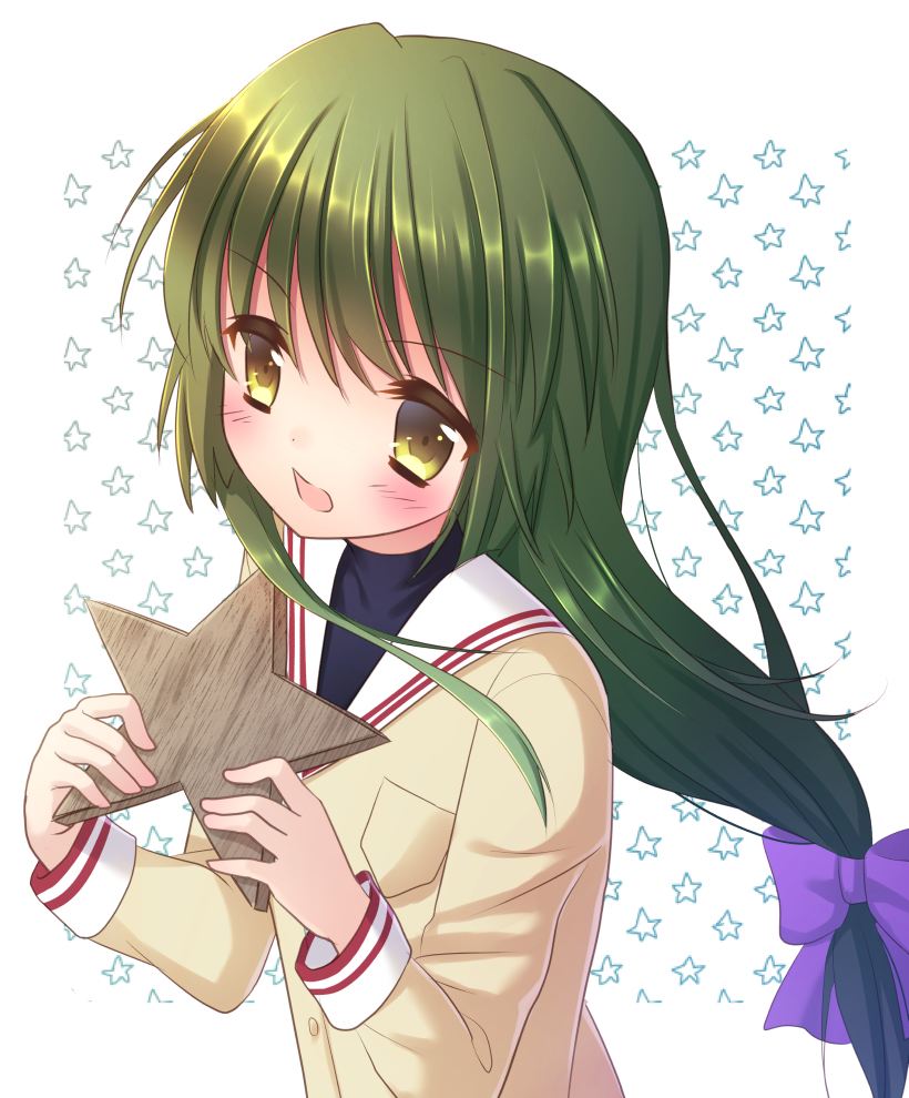 1girl blush brown_eyes clannad green_hair hair_ornament hair_ribbon ibuki_fuuko kuro_futoshi open_mouth ponytail school_uniform solo starfish