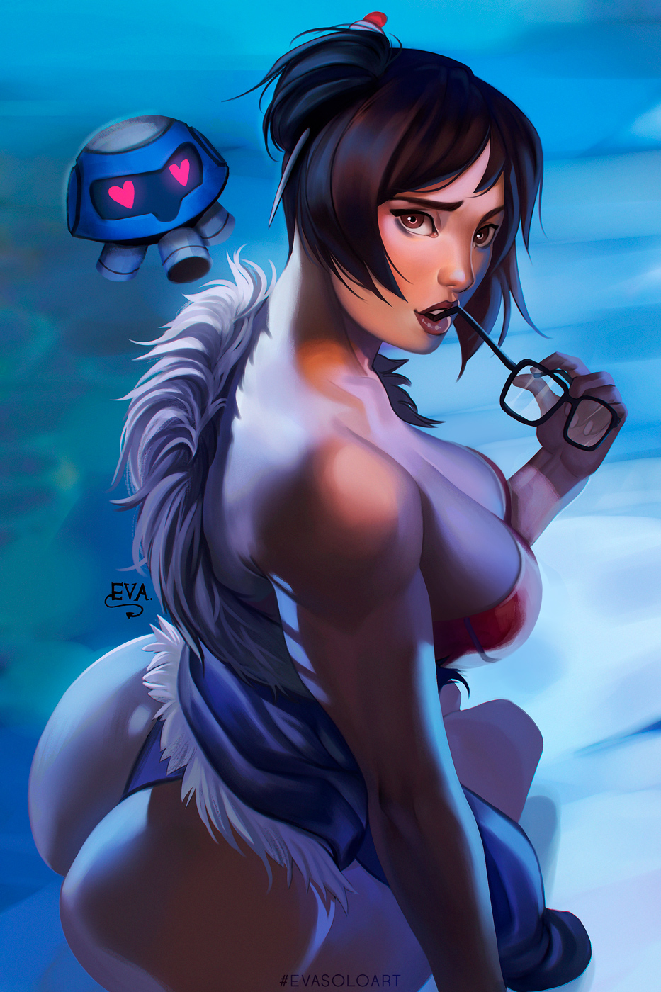 1girl ass breasts brown_hair eva_solo fur_coat fur_trim glasses glasses_removed highres huge_ass mei_(overwatch) overwatch round_ass solo thick_thighs