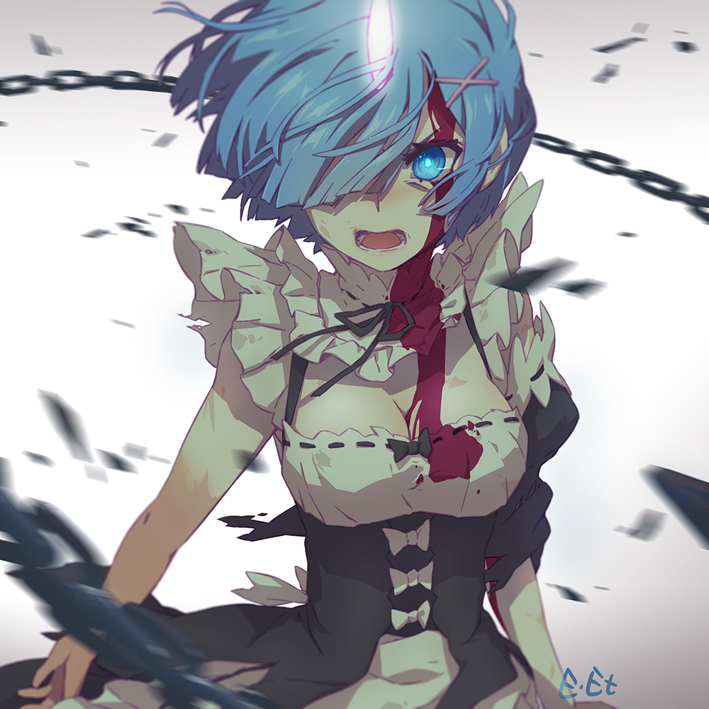 1girl blood blood_on_breasts blood_on_face bloody_clothes blue_eyes breasts chains cleavage glowing glowing_eye hair_ornament hair_over_one_eye horn looking_at_viewer maid maid_headdress md5_mismatch open_mouth re:zero_kara_hajimeru_isekai_seikatsu rem_(re:zero) shanpao short_hair solo spoilers torn_clothes upper_body x_hair_ornament
