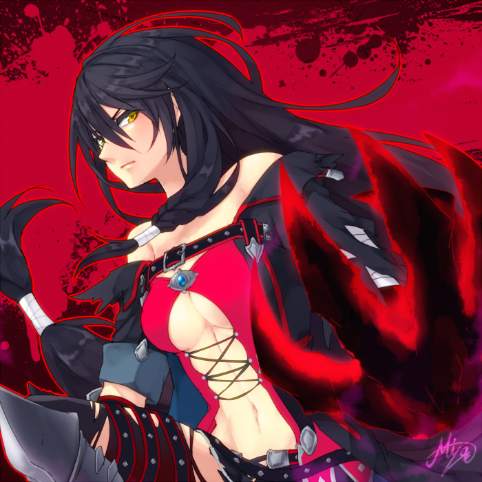 1girl black_hair braid breasts claws cleavage cowboy_shot expressionless large_breasts long_hair looking_at_viewer low-tied_long_hair mzroas navel red_background solo tales_of_(series) tales_of_berseria tied_hair under_boob velvet_crowe yellow_eyes