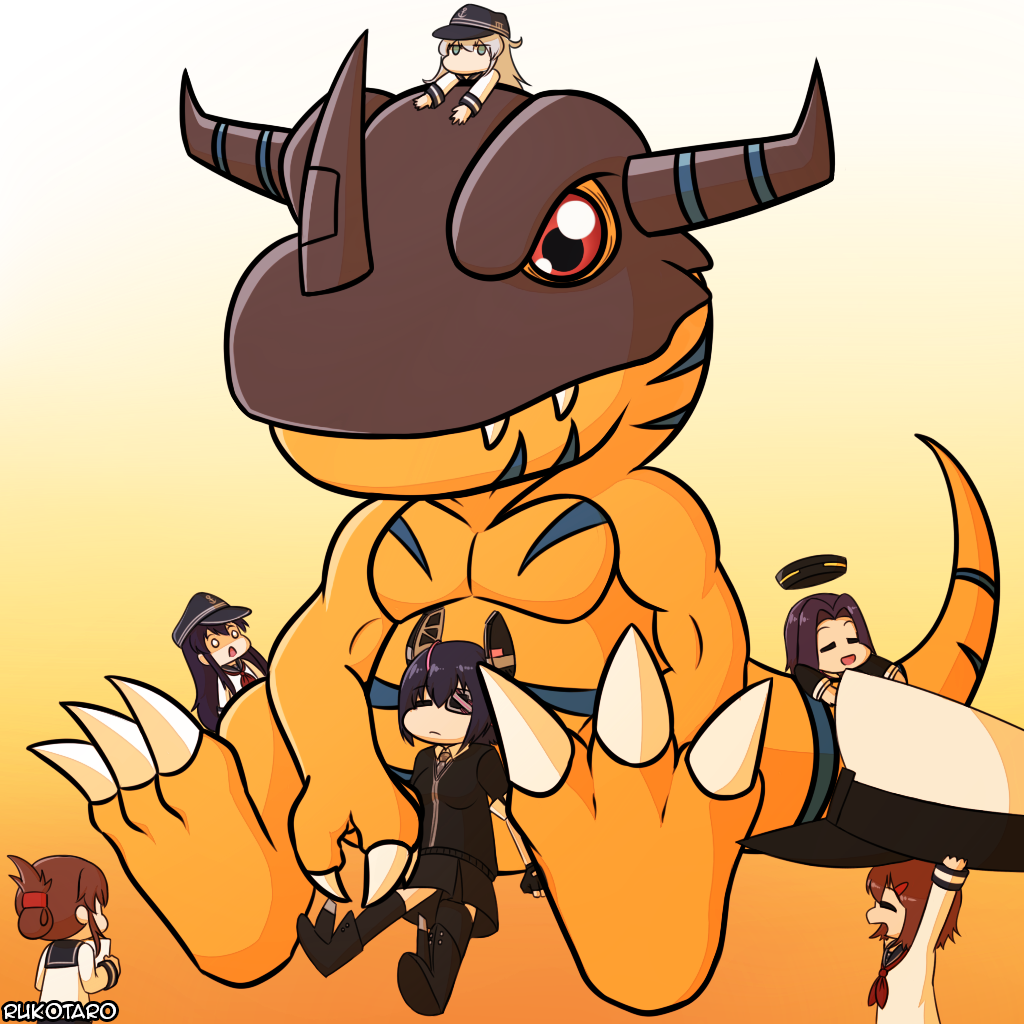 5girls akatsuki_(kantai_collection) black_hair brown_hair commentary crossover digimon digimon_adventure eyepatch folded_ponytail greymon hair_ornament hairclip hat headgear hibiki_(kantai_collection) ikazuchi_(kantai_collection) inazuma_(kantai_collection) kantai_collection long_hair multiple_girls non-human_admiral_(kantai_collection) pleated_skirt red_eyes rukotaro school_uniform serafuku short_hair silver_hair sitting skirt tatsuta_(kantai_collection) tenryuu_(kantai_collection)