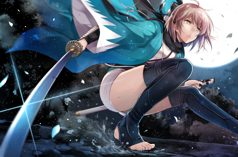1girl ahoge backlighting black_bow black_footwear black_scarf blue_jacket boots bow closed_mouth fate_(series) fighting_stance full_moon hair_bow hirai_yuzuki holding holding_sword holding_weapon jacket japanese_clothes katana kimono koha-ace long_sleeves moon moonlight night okita_souji_(fate) open_clothes open_jacket pink_hair scarf serious short_hair short_kimono short_ponytail solo splashing squatting sword thigh-highs thigh_boots thighs toeless_boots toes tree unsheathed v-shaped_eyebrows water weapon wide_sleeves wrist_guards yellow_eyes