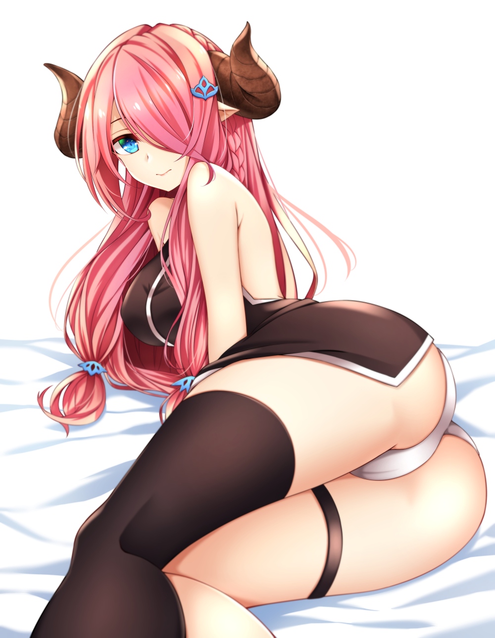 1girl alternate_hair_color bare_arms bare_shoulders bed_sheet black_legwear blue_eyes blush braid breasts closed_mouth demon_horns doraf dress granblue_fantasy hair_ornament hair_over_one_eye hairclip healther highres horns large_breasts long_hair looking_at_viewer microdress narumeia_(granblue_fantasy) on_bed one_eye_covered panties pink_hair pointy_ears side_braid single_braid single_thighhigh sleeveless smile solo thigh-highs thigh_strap underwear white_background white_panties