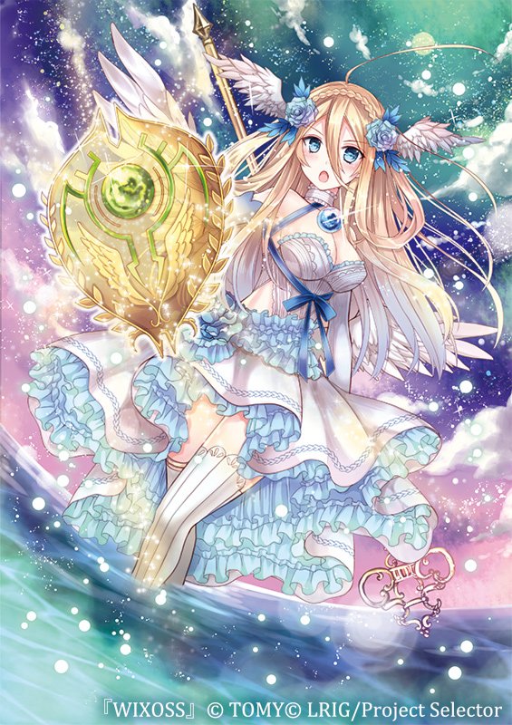 &gt;:o 1girl :o ahoge bare_shoulders blonde_hair blue_eyes blush breasts character_request choker cleavage clouds cloudy_sky copyright_name detached_sleeves dress feathered_wings flower frilled_dress frills full_body hair_between_eyes hair_flower hair_ornament head_wings long_hair looking_at_viewer medium_breasts nozomi_fuuten official_art open_mouth orb original partially_submerged shield sky solo staff star_(sky) starry_sky thigh-highs white_dress white_legwear white_wings wings wixoss