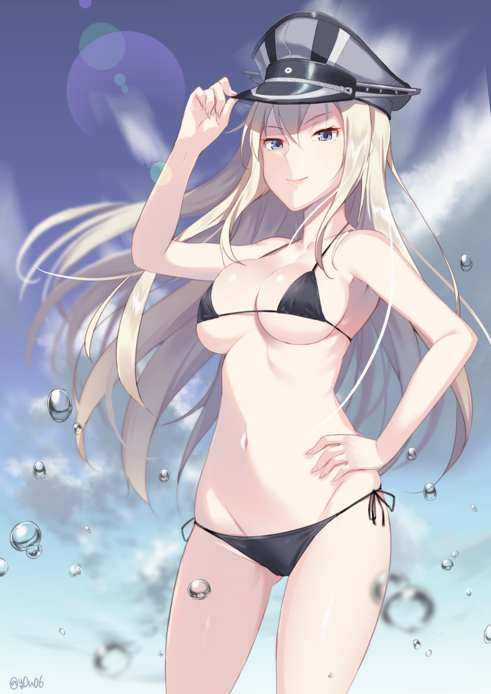 1girl adjusting_clothes adjusting_hat armpits bare_shoulders bikini bismarck_(kantai_collection) black_bikini black_ribbon blue_sky breasts cleavage closed_mouth collarbone contrapposto cowboy_shot day grey_hat groin hair_between_eyes hat highres kantai_collection lens_flare long_hair looking_at_viewer medium_breasts navel peaked_cap pink_lips ribbon side-tie_bikini sky smile solo stomach sunlight swimsuit very_long_hair water water_drop you06
