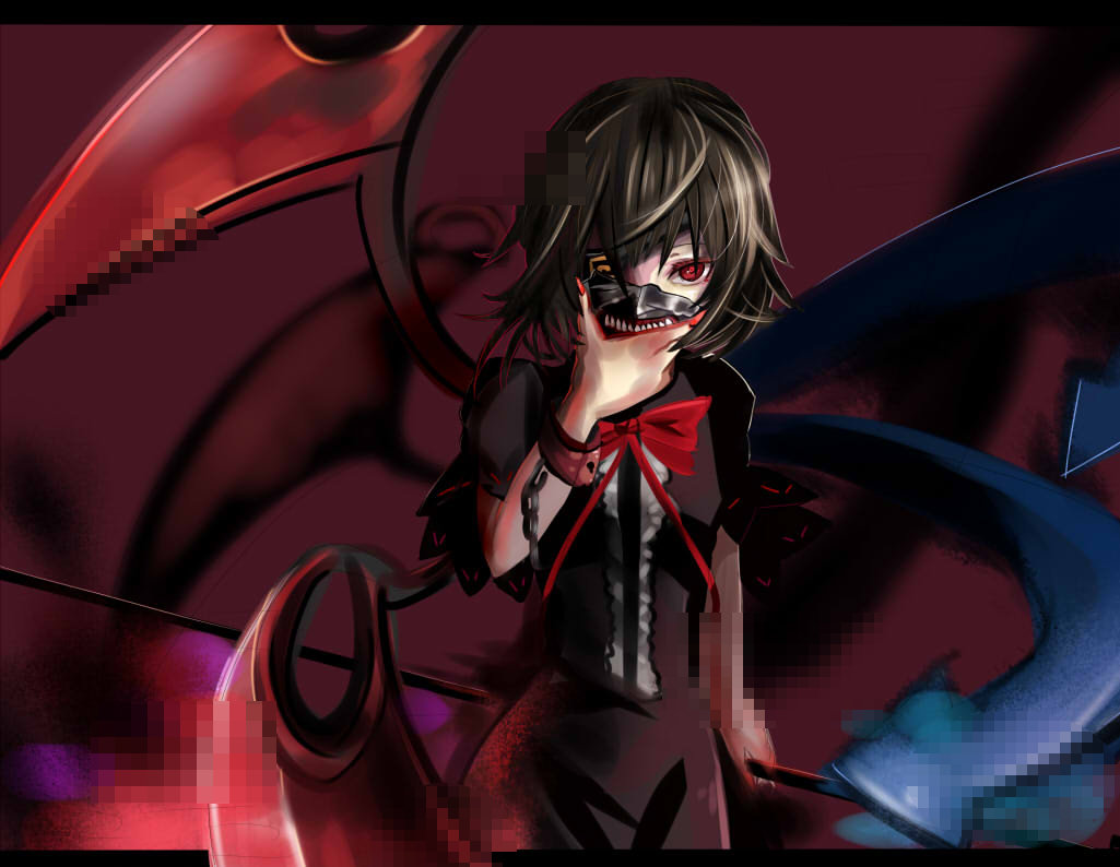 1girl asymmetrical_wings black_dress black_hair bow bowtie censored cowboy_shot cuffs dress houdukixx houjuu_nue looking_at_viewer mask mosaic_censoring one_eye_covered polearm red_bow red_bowtie red_eyes shackles short_sleeves solo tokyo_ghoul touhou trident weapon wings