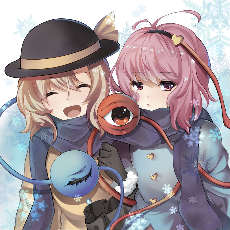 2girls :&lt; :d antenna_hair black_gloves black_hairband black_headwear blue_scarf blue_shirt bow buttons closed_eyes closed_mouth commentary diamond_button facing_viewer frilled_sleeves frills fur-trimmed_gloves fur_trim gloves green_hair hair_between_eyes hair_ornament hairband hat hat_bow hat_ribbon heart heart_button heart_hair_ornament komeiji_koishi komeiji_satori light_blush locked_arms long_sleeves looking_at_viewer medium_hair multiple_girls open_mouth pink_eyes pink_hair red_eyes ribbon scarf shared_clothes shared_scarf shirt siblings sisters smile snowflakes swami third_eye third_eyes touhou upper_body yellow_ribbon yellow_shirt