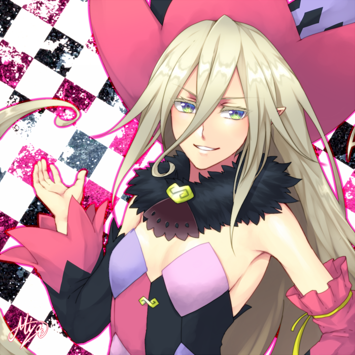 1girl armpits blonde_hair blue_eyes checkered checkered_background detached_sleeves green_eyes hat long_hair looking_at_viewer magilou_(tales) multicolored_eyes mzroas pointy_ears signature smile solo tales_of_(series) tales_of_berseria upper_body