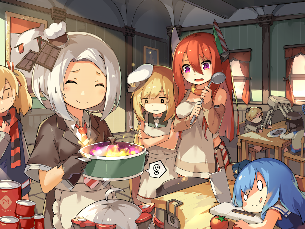 6+girls :q admiral_scheer_(zhan_jian_shao_nyu) ahoge annoyed apron aviere_(zhan_jian_shao_nyu) bare_shoulders black_gloves blonde_hair blue_hair blue_sweater canned_food cannon chef_hat chibi closed_eyes closed_mouth cooking crossed_arms curtains cutting_board distress fish flat_cap fork garrison_cap gloves glowworm_(zhan_jian_shao_nyu) graf_spee_(zhan_jian_shao_nyu) hair_ornament hair_ribbon hairclip hat headwear holding hotpot indoors knife ladle lifebuoy lino-lin long_hair looking_at_another looking_down low_twintails lying multiple_girls necktie official_art on_stomach open_mouth peaked_cap picture_frame plate pot quincy_(zhan_jian_shao_nyu) red_necktie redhead ribbon ryuujou_(zhan_jian_shao_nyu) scarf shirt short_hair sitting sleeveless smile smoking standing striped striped_necktie striped_scarf sukhbaatar_(zhan_jian_shao_nyu) sweatdrop sweater sweater_vest tin_can tomato tongue tongue_out torpedo turret twintails violet_eyes vittorio_veneto_(zhan_jian_shao_nyu) white_hair white_hat white_shirt window wooden_chair wooden_table worried zhan_jian_shao_nyu