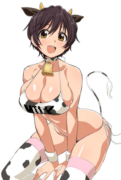 1girl animal_ears bell between_thighs bikini black_hair blush breasts brown_eyes chikuishi cleavage collarbone cow_bell cow_ears cow_girl cow_horns cow_print cow_tail horns idolmaster idolmaster_cinderella_girls large_breasts oikawa_shizuku open_mouth short_hair side-tie_bikini simple_background smile solo swimsuit tail thigh-highs white_background wristband