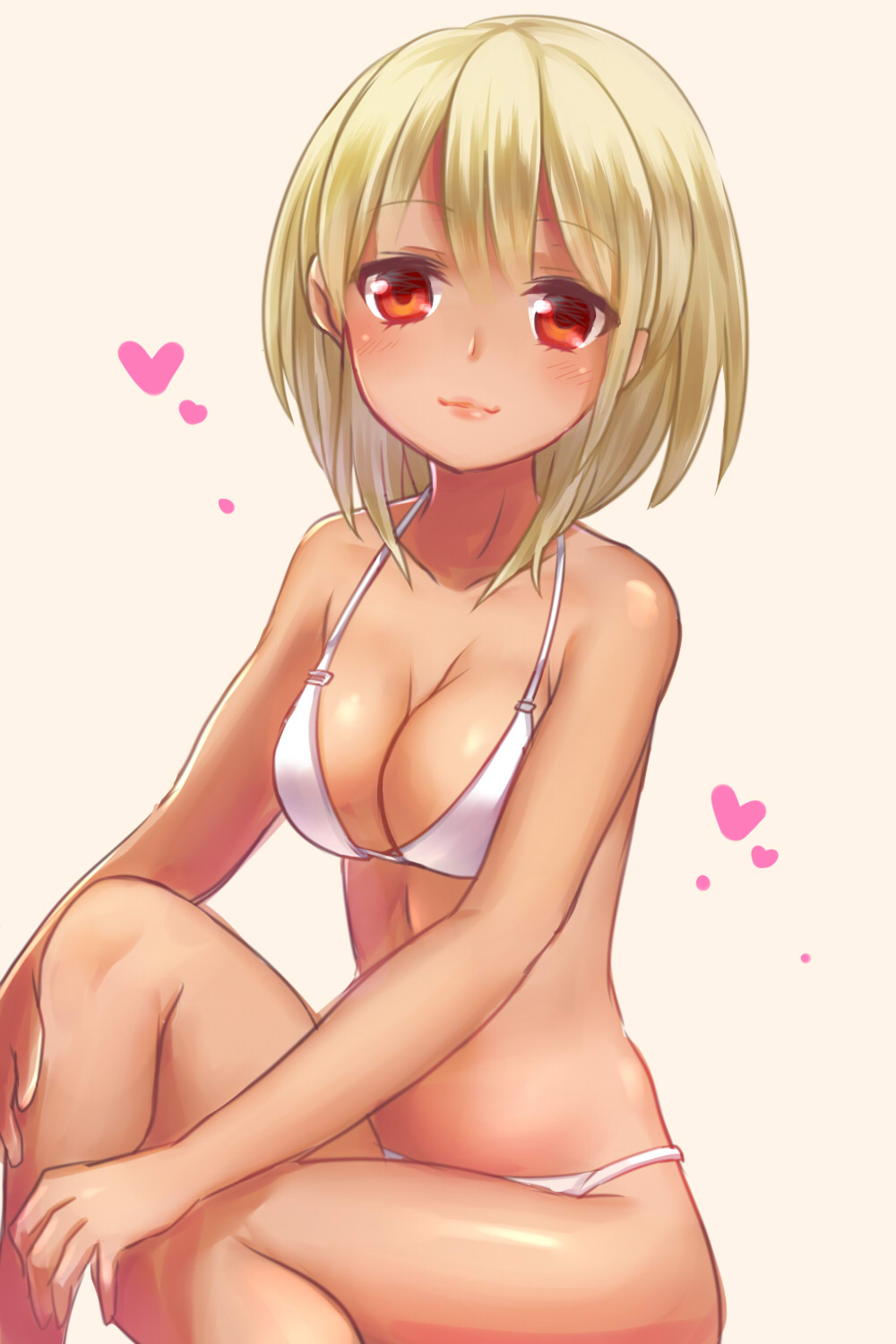 1girl bare_arms bare_legs bare_shoulders bikini blonde_hair breasts cleavage closed_mouth collarbone eyebrows eyebrows_visible_through_hair head_tilt heart highres leg_up looking_at_viewer medium_breasts miyashiro original pink_lips red_eyes short_hair simple_background sitting solo stomach swimsuit tareme thighs white_bikini yellow_background