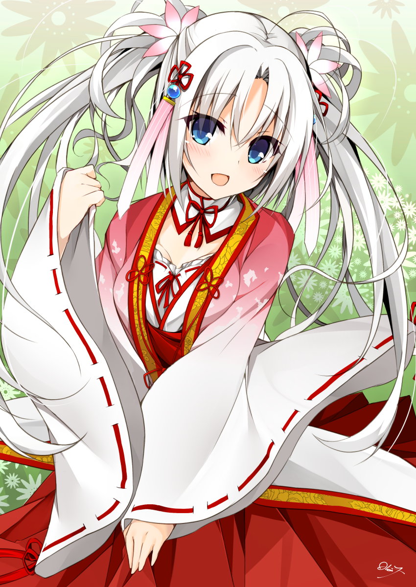 1girl blue_eyes blush hair_ornament highres japanese_clothes long_hair looking_at_viewer miko minari_(minari37) open_mouth ribbon-trimmed_sleeves ribbon_trim senren_banka smile solo tomotake_yoshino twintails white_hair