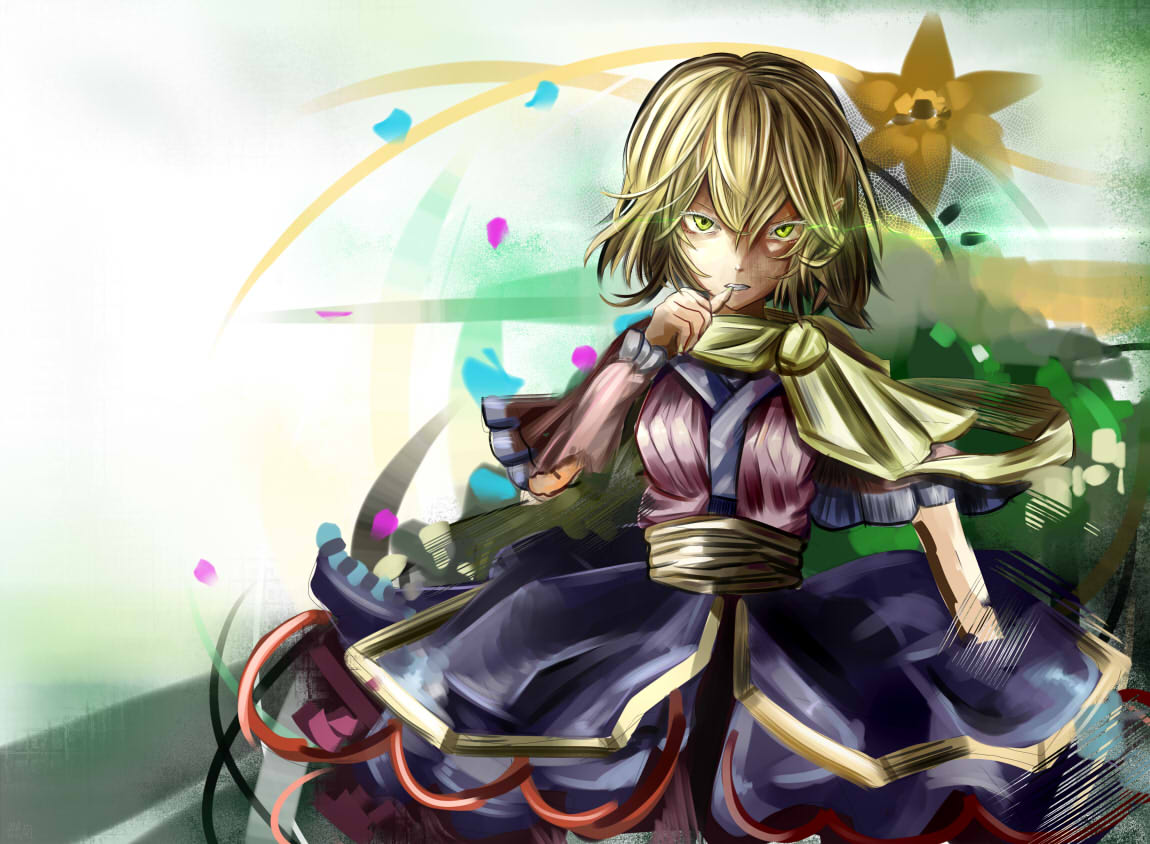 1girl arm_warmers biting blonde_hair clenched_teeth floral_background glowing glowing_eyes houdukixx looking_at_viewer mizuhashi_parsee pointy_ears sash scarf short_hair solo teeth thumb_biting touhou yellow_eyes yellow_scarf