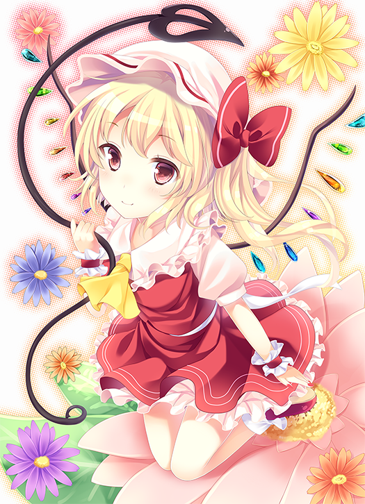 1girl ajiriko ascot bangs blonde_hair bobby_socks bow daisy flandre_scarlet floral_background flower frilled_shirt_collar frills full_body halftone hat hat_bow holding laevatein looking_at_viewer looking_up mob_cap nail_polish outline petticoat puffy_short_sleeves puffy_sleeves red_eyes red_nails red_shoes red_skirt shoes short_sleeves side_ponytail skirt skirt_set smile socks solo touhou white_legwear wings wrist_cuffs
