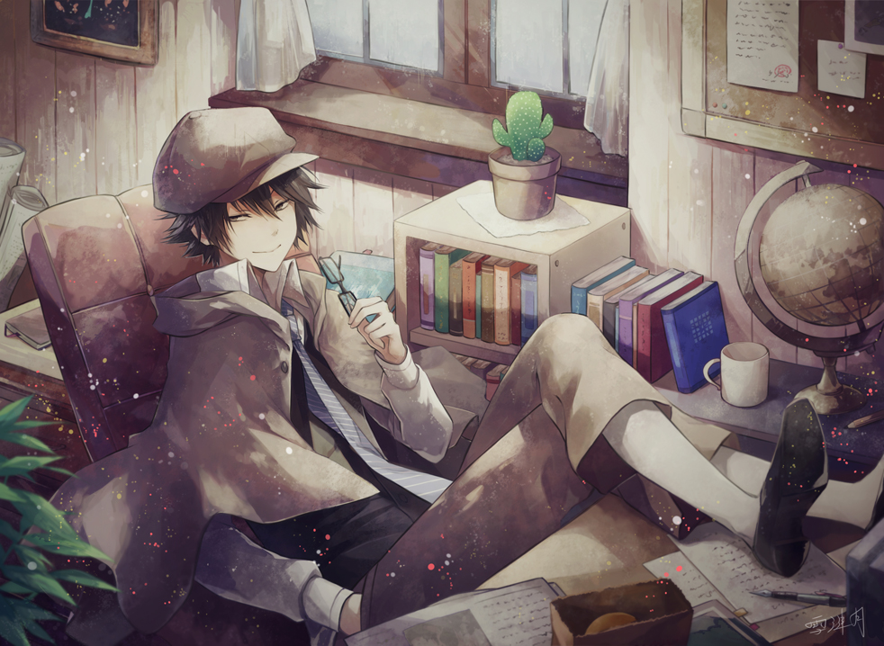 1boy angel31424 artist_name black_hair book brown_eyes bungou_stray_dogs cactus capelet chair curtains edogawa_ranpo_(bungou_stray_dogs) glasses glasses_removed globe leaf male_focus necktie pencil sitting solo window