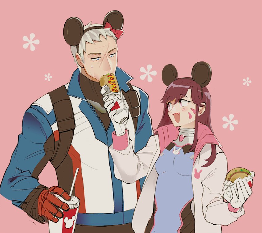 1boy 1girl animal_ears bangs blush blush_stickers bodysuit breasts brown_eyes brown_hair bunny_print cowboy_shot cup d.va_(overwatch) disneyland drinking_cup drinking_straw eyebrows eyebrows_visible_through_hair facepaint facial_mark fake_animal_ears fang feeding food gloves guguma hamburger headphones high_collar holding holding_cup holding_food hot_dog jacket long_hair long_sleeves mouse_ears mouth_hold no_mask open_mouth overwatch pants pilot_suit pink_background red_gloves ribbed_bodysuit sandwich scar scar_across_eye short_hair sidelocks simple_background smile soldier:_76_(overwatch) sweatdrop turtleneck whisker_markings white_gloves white_hair