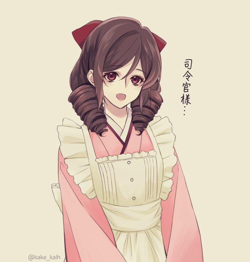 1girl apron bow brown_hair buttons drill_hair frilled_apron frills hair_between_eyes hair_bow harukaze_(kantai_collection) japanese_clothes kake_(kuromitsu) kantai_collection kimono long_hair long_sleeves looking_at_viewer open_mouth pink_kimono red_bow red_eyes simple_background solo standing translation_request twin_drills twitter_username wa_maid