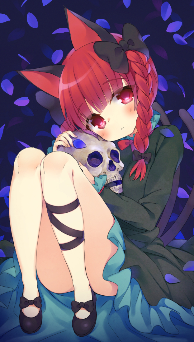 1girl animal_ears black_bow black_shoes blush bow cat_ears convenient_leg dress full_body green_dress hair_bow head_tilt hym9594 kaenbyou_rin legs long_hair long_sleeves looking_at_viewer multiple_tails petals red_eyes redhead shoes sitting skull solo tail touhou two_tails
