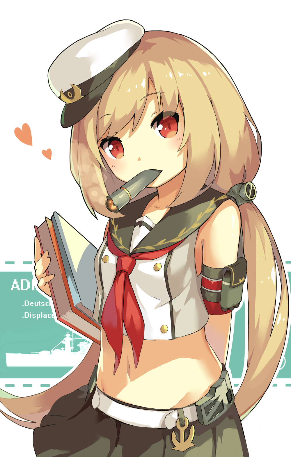 1girl admiral_scheer_(zhan_jian_shao_nyu) anchor arm_behind_back armband background_text belt black_skirt blonde_hair blush book breasts buttons crop_top double-breasted female hat heart highres holding holding_book lino-lin long_hair looking_at_viewer low_twintails midriff military military_vehicle miniskirt multicolored_background navel outline peaked_cap pleated_skirt red_eyes sailor sailor_collar ship shirt simple_background skirt sleeveless small_breasts smoking solo torpedo twintails upper_body very_long_hair warship watercraft white_background white_belt white_hat white_outline white_shirt zhan_jian_shao_nyu