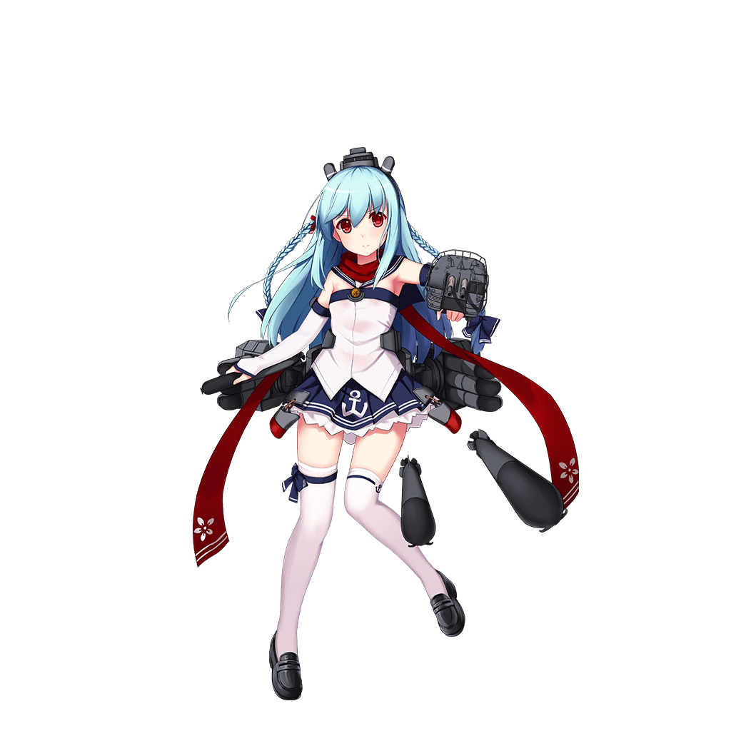1girl allenes armpits bare_shoulders black_shoes blue_bow blue_hair blue_skirt bow braid breasts cannon closed_mouth detached_sleeves female fubuki_(zhan_jian_shao_nyu) full_body hair_bow hair_ribbon headwear leg_ribbon loafers long_hair looking_at_viewer machinery multiple_braids official_art outstretched_arm pleated_skirt red_eyes red_ribbon red_scarf remodel_(zhan_jian_shao_nyu) ribbon sailor_collar scarf shoes simple_background skirt small_breasts solo standing strapless thigh-highs torpedo transparent_background tubetop turret twin_braids white_clothes white_legwear zettai_ryouiki zhan_jian_shao_nyu