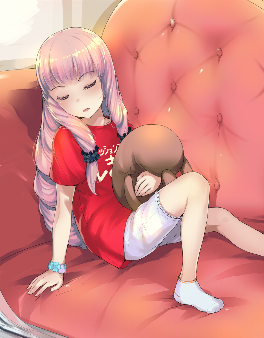 1girl arm_at_side arm_support aurora_(pso2) bangs blunt_bangs blush breasts closed_eyes clothes_writing couch hair_ornament hair_scrunchie head_tilt holding indoors leg_up long_hair on_couch phantasy_star phantasy_star_online_2 pink_hair red_shirt scrunchie shirt shorts sidelocks sitting sleeping sleeping_upright socks sody solo stuffed_animal stuffed_bunny stuffed_toy t-shirt very_long_hair white_legwear white_shorts wrist_scrunchie