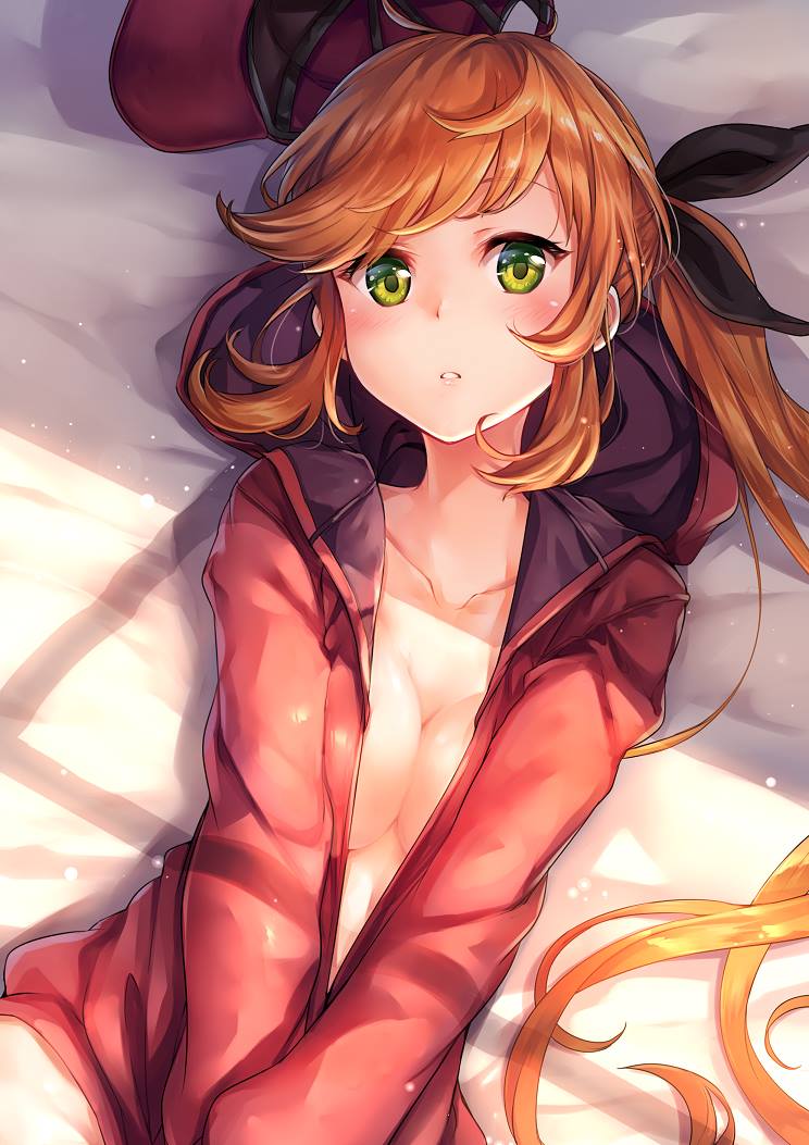 1girl baseball_cap black_ribbon breasts brown_hair clarisse_(granblue_fantasy) cleavage collarbone granblue_fantasy green_eyes hair_ribbon hat hat_removed headwear_removed hood hoodie ks long_hair lying medium_breasts on_back open_clothes open_hoodie parted_lips ponytail ribbon solo v_arms very_long_hair