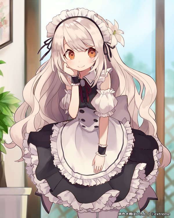 1girl bangs black_ribbon blush buttons closed_mouth cowboy_shot eyebrows eyebrows_visible_through_hair flower hair_flower hair_ornament hand_on_own_cheek haruka_(reborn) indoors leaf long_hair looking_at_viewer maid_headdress momoiro_taisen_pairon neck_ribbon orange_eyes petticoat red_ribbon ribbon shirayuri_mikoto smile solo standing wavy_hair white_hair