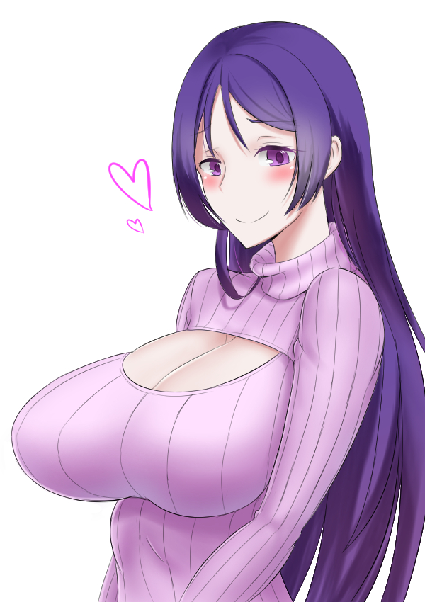 1girl 1nilla' breasts cleavage fate/grand_order fate_(series) heart huge_breasts looking_at_viewer minamoto_no_yorimitsu_(fate/grand_order) open-chest_sweater purple_hair ribbed_sweater simple_background smile solo sweater turtleneck turtleneck_sweater violet_eyes white_background