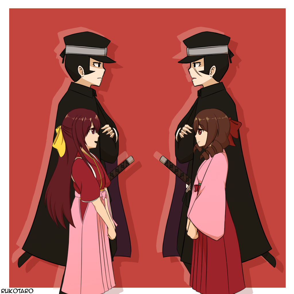 2boys 2girls :d black_eyes black_hair bow brown_eyes brown_hair cape commentary crossed_arms crossover devil_summoner drill_hair gakuran hair_bow hair_ribbon harukaze_(kantai_collection) hat kamikaze_(kantai_collection) kantai_collection kuzunoha_raido kuzunoha_raidou long_hair meiji_schoolgirl_uniform multiple_boys multiple_girls open_mouth peaked_cap ribbon rukotaro samurai scar_on_cheek school_uniform siblings smile twin_drills twins v_arms