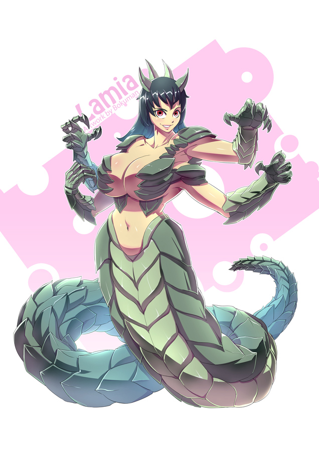 1girl black_hair bokuman breasts claws female lamia large_breasts monster_girl multiple_arms navel red_eyes tail