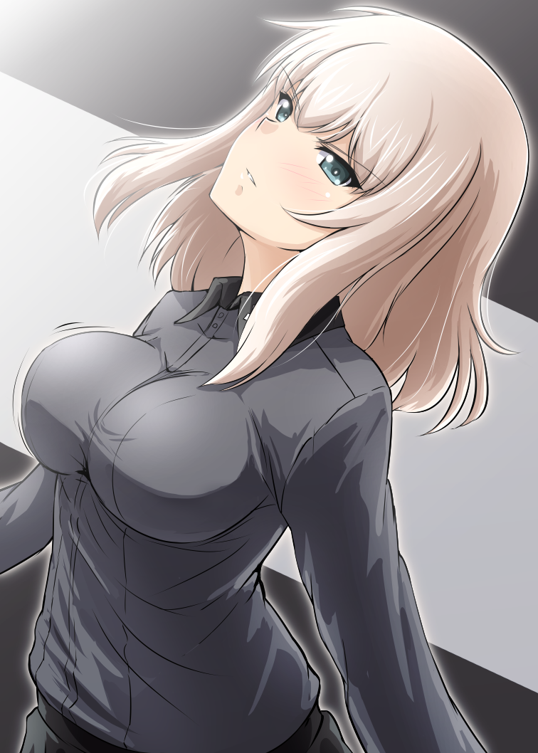 1girl blue_eyes blush breasts diesel-turbo girls_und_panzer impossible_clothes itsumi_erika large_breasts long_sleeves looking_at_viewer military military_uniform parted_lips school_uniform short_hair silver_hair solo uniform upper_body