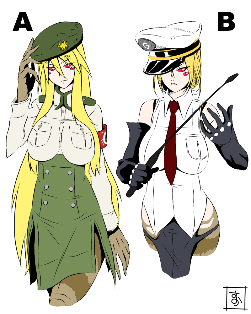 2girls arachne armband beret blonde_hair breasts claws dual_persona elbow_gloves extra_eyes eyes_visible_through_hair gloves hat insect_girl large_breasts long_legs_breed_(monster_musume) monster_girl monster_musume_no_iru_nichijou multiple_girls necktie red_eyes riding_crop s-now signature simple_background spider_girl white_background