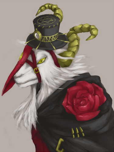 1boy artist_request beard belt cape demon flower goat hat horns overlord_(maruyama) rose simple_background solo ulbert_alain_odle yellow_eyes