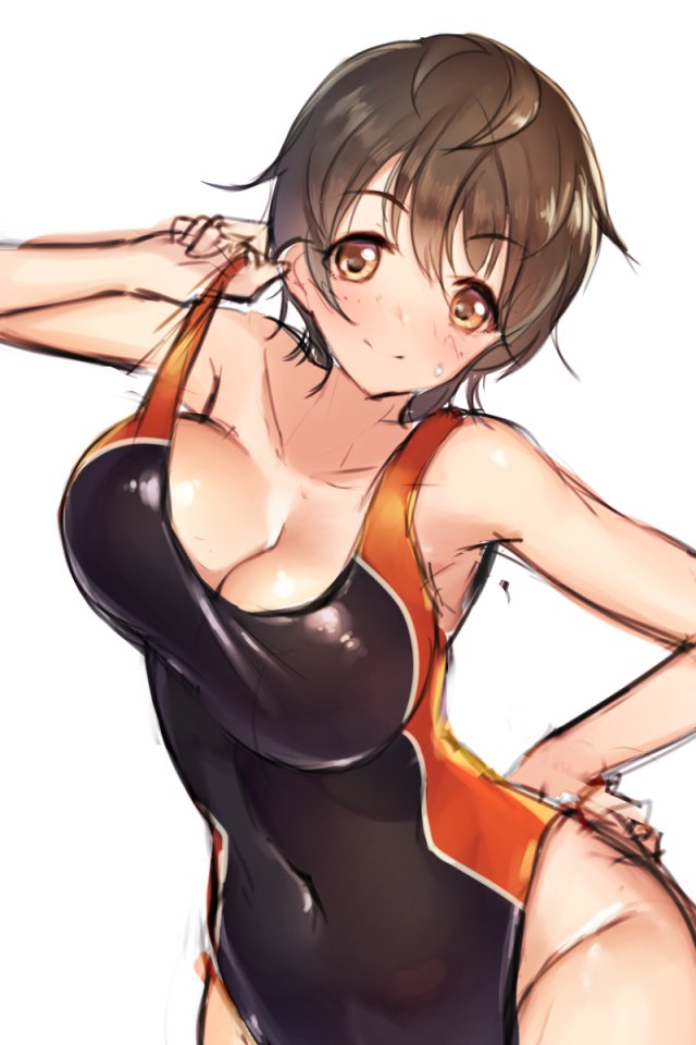 1girl blush breasts brown_eyes brown_hair cleavage collarbone competition_swimsuit covered_navel eikisama113 hand_on_hip idolmaster idolmaster_cinderella_girls large_breasts looking_at_viewer oikawa_shizuku one-piece_swimsuit short_hair simple_background sketch smile solo strap_lift swimsuit swimsuit_pull white_background