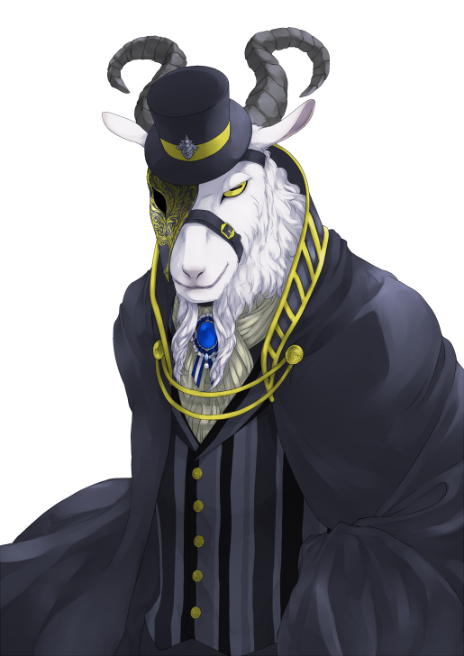 1boy artist_request beard belt cape cravat demon flower formal goat hat horns male_focus mask overlord_(maruyama) pinstripe_suit rose simple_background solo striped suit ulbert_alain_odle white_background yellow_eyes