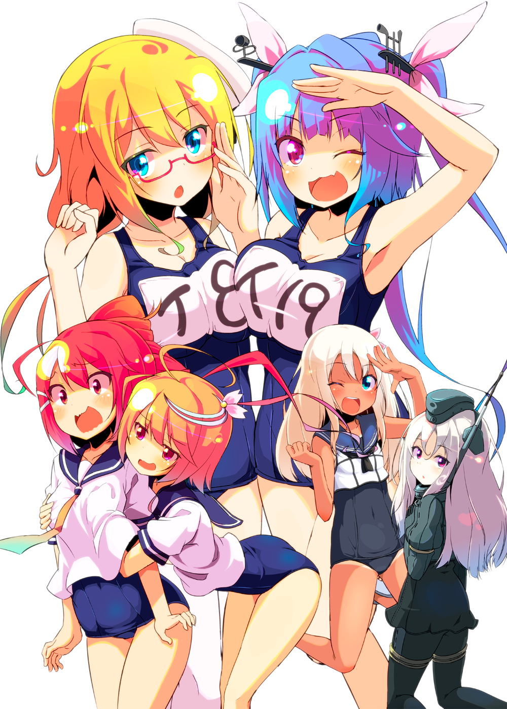 6+girls :3 ahoge arm_up armpits bangs bare_legs blonde_hair blue_eyes blush breast_grab breast_press breasts cleavage collarbone covered_navel dual_persona eyebrows eyebrows_visible_through_hair flower garrison_cap glasses grabbing grabbing_from_behind gradient_hair hair_flower hair_ornament hair_ribbon hand_under_clothes hand_under_shirt hand_up hat highres i-168_(kantai_collection) i-19_(kantai_collection) i-58_(kantai_collection) i-8_(kantai_collection) jacket kantai_collection large_breasts leaning_forward long_hair looking_at_viewer looking_back low_twintails medium_breasts multicolored_hair multiple_girls name_tag neckerchief one_eye_closed open_mouth pink_eyes pink_hair ponytail puffy_short_sleeves puffy_sleeves red-framed_eyewear red_eyes redhead ribbon ro-500_(kantai_collection) school_swimsuit school_uniform semi-rimless_glasses serafuku shiny shiny_hair shirt short_hair short_sleeves sidelocks simple_background sleeveless small_breasts smile sw swimsuit symmetrical_docking tan tanline thigh-highs tri_tails twintails two-tone_hair u-511_(kantai_collection) under-rim_glasses wavy_mouth white_background white_hair white_legwear white_ribbon