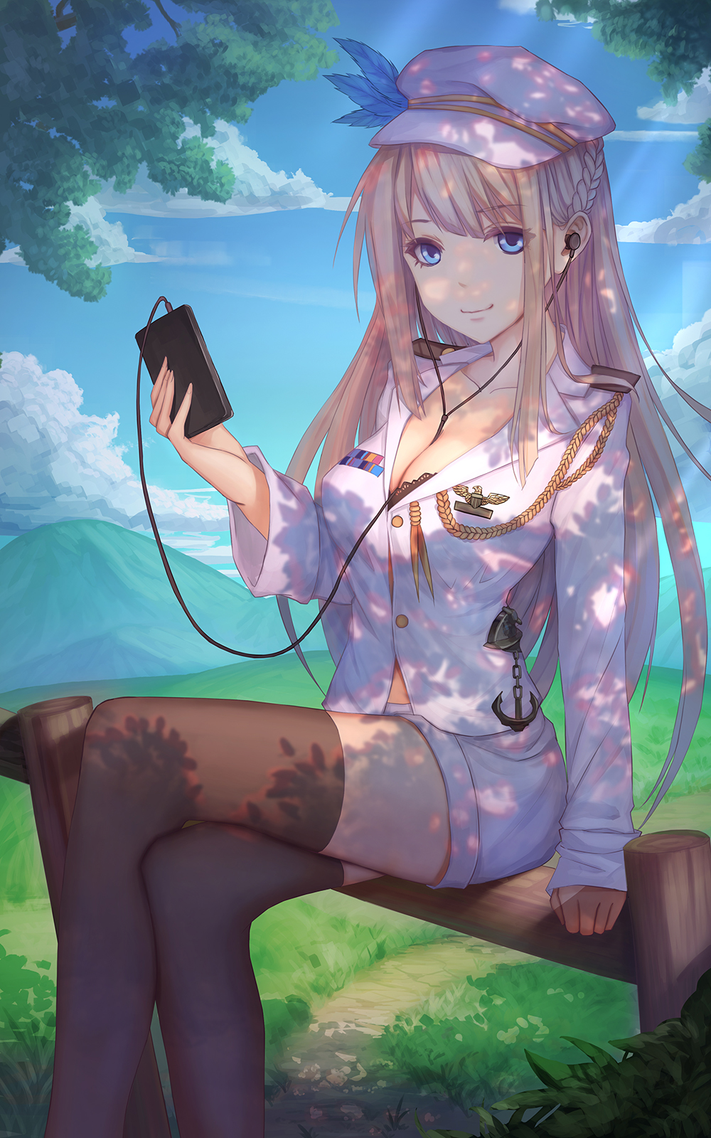 1girl aiguillette anchor arm_support between_breasts black_bra black_legwear blonde_hair blue_eyes blush bra breasts cellphone cleavage clouds cloudy_sky collarbone dappled_sunlight earphones flat_cap hat hat_feather highres legs_crossed lexington_(zhan_jian_shao_nyu) long_hair long_sleeves looking_at_viewer medium_breasts military military_uniform mountain outdoors phone shorts sitting sitting_on_fence sky smartphone smile solo sunlight thigh-highs underwear uniform white_hat white_shorts youxuemingdie zhan_jian_shao_nyu