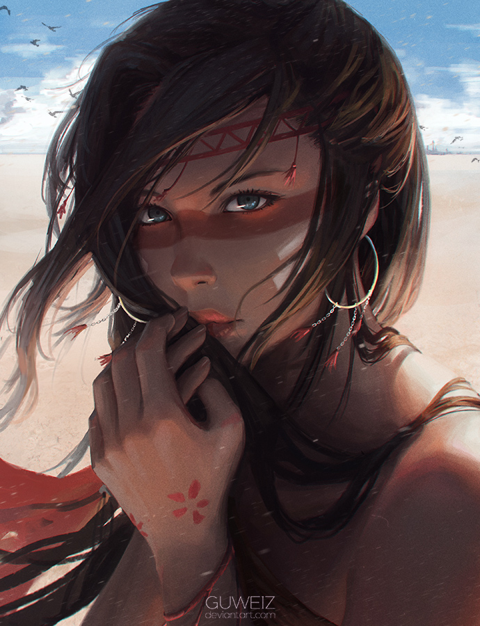 1girl artist_name bangs bare_shoulders bird blue_eyes blue_sky brown_hair closed_mouth covering covering_breasts desert earrings facial_mark fantasy guweiz hair_over_shoulder hand_to_own_mouth headband holding holding_hair hoop_earrings horizon jewelry lips lipstick long_hair looking_at_viewer makeup nose original outdoors photorealistic red_lipstick sand sky solo tattoo text upper_body watermark web_address
