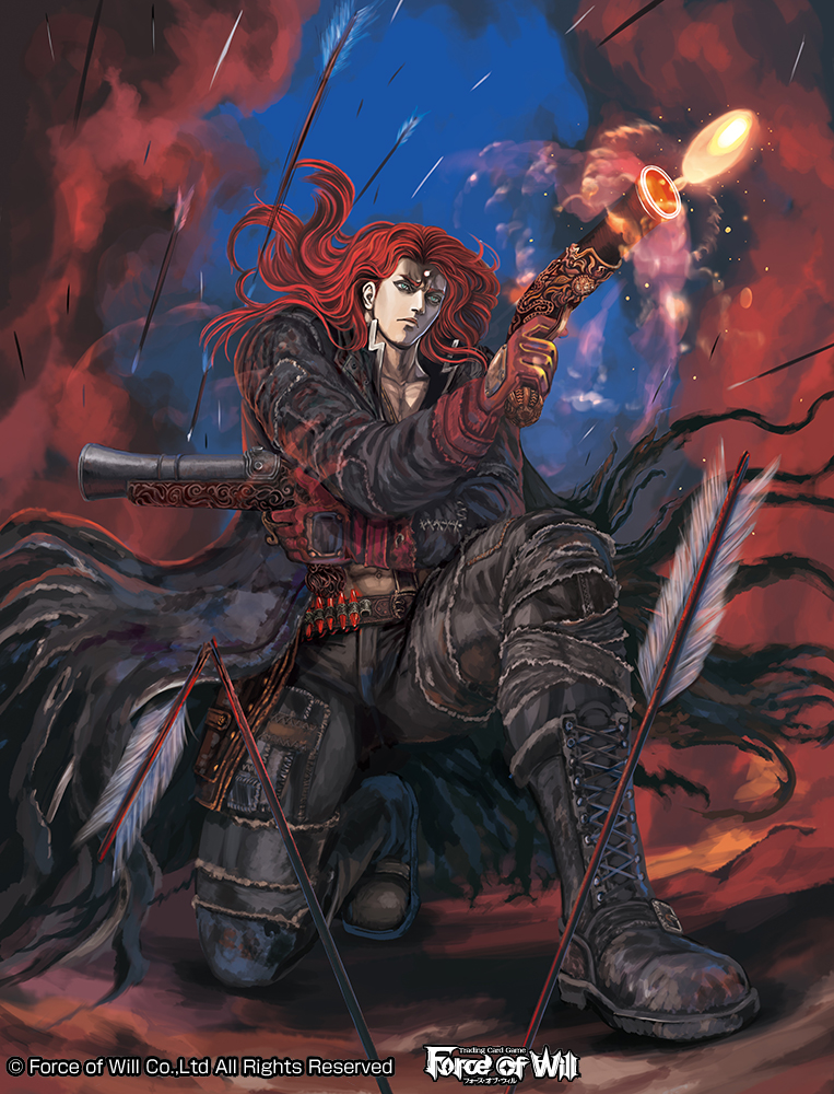 1boy arrow artist_name boots bullet cain_(force_of_will) company_name fire force_of_will gloves green_eyes gun kusanagi_chouen long_hair male_focus navel official_art redhead smoke solo weapon